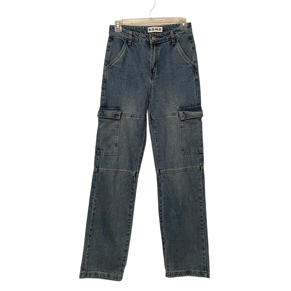 S.O.N.G. High Waisted Wide Leg Cargo Blue Jeans Womens Size 0/24 27/32 High Rise